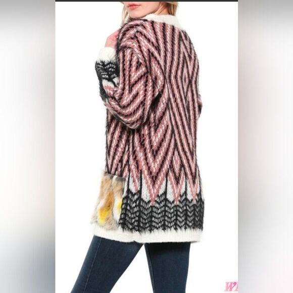 NWT Cardigan Sweater Button Closure Knit Multi Color Fur Warm Heavy M/L Zig Dad - Picture 2 of 12